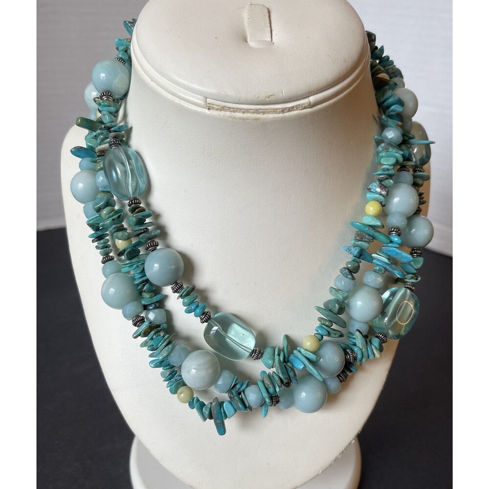 925 Sterling Silver Turquoise Chalcedony Opalite Layered Necklace Vintage